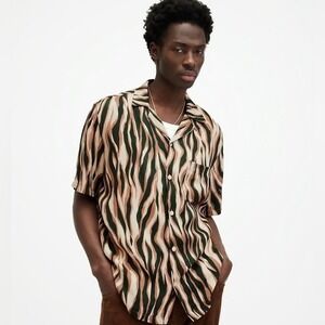$199 NWT AllSaints Fired Camp Shirt Mens XS Brown Tiger Animal Print
